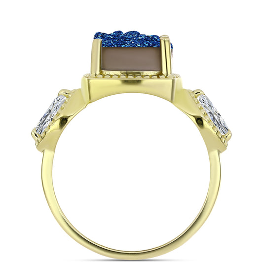 Anillo de Plata Bañada en Oro con Drusa Azul y Topacio Blanco