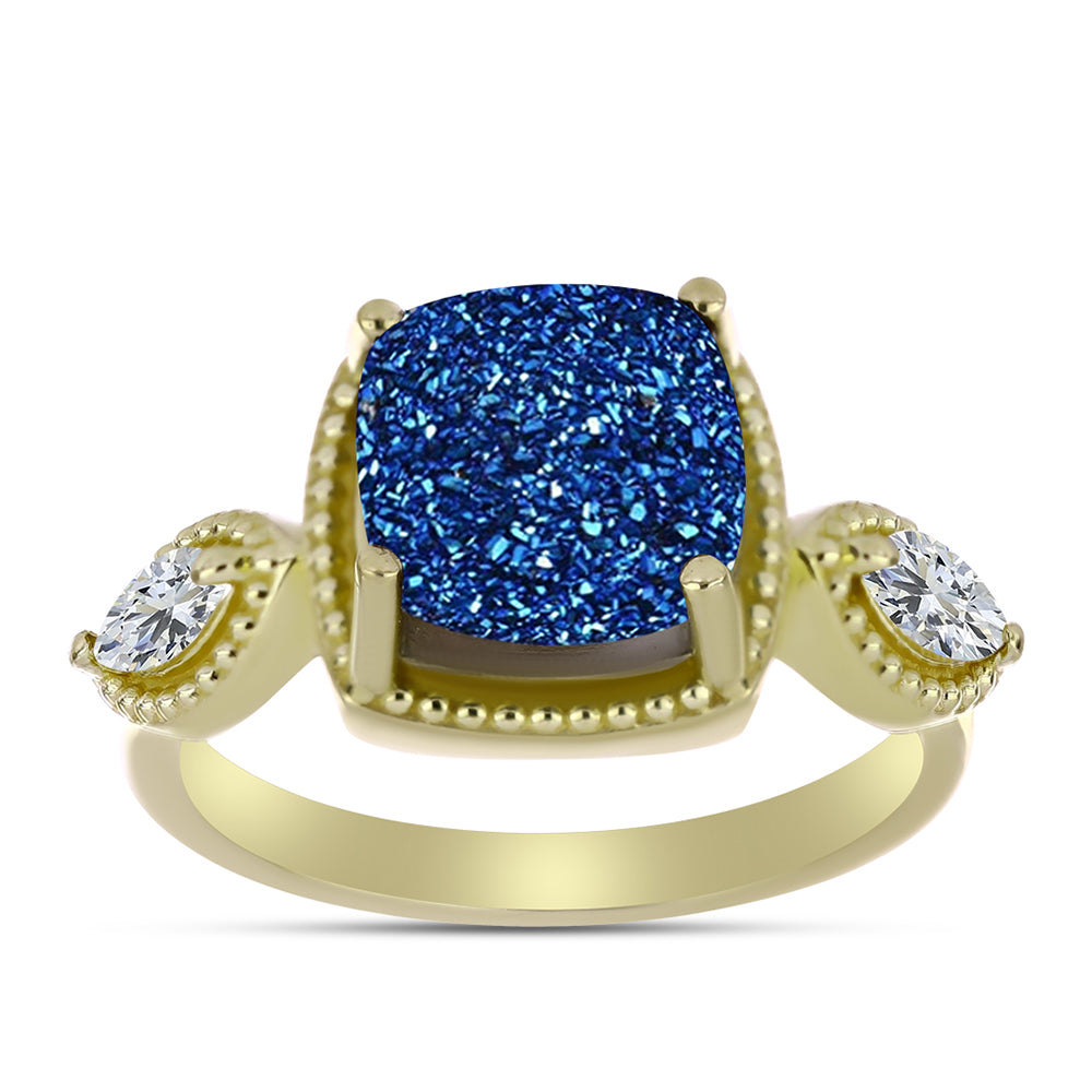 Anillo de Plata Bañada en Oro con Drusa Azul y Topacio Blanco 3 