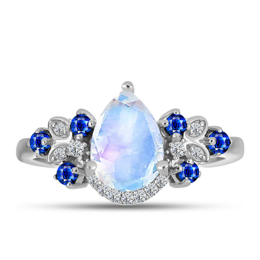 Anillo de Plata con Zafiro Azul Australiano y Piedra Lunar Arco Iris