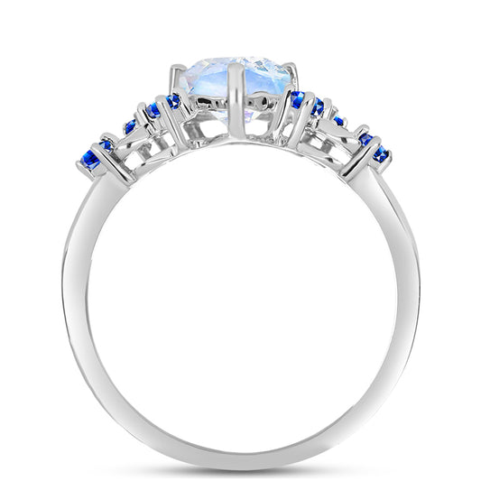 Anillo de Plata con Zafiro Azul Australiano y Piedra Lunar Arco Iris