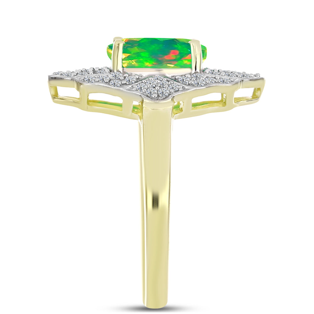 Anillo de Plata Bañada en Oro con Ópalo Verde Etíope de Lega Dembi y Topacio Blanco