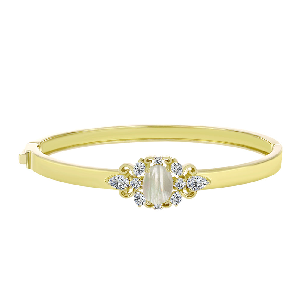 Brazalete de Plata Bañada en Oro con Madreperla y Topacio Blanco