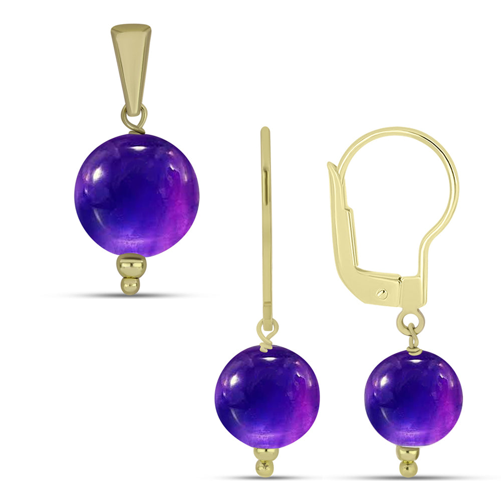 Conjunto de Plata Bañada en Oro con Amatista de Marruecos ( Pendientes +Colgante )