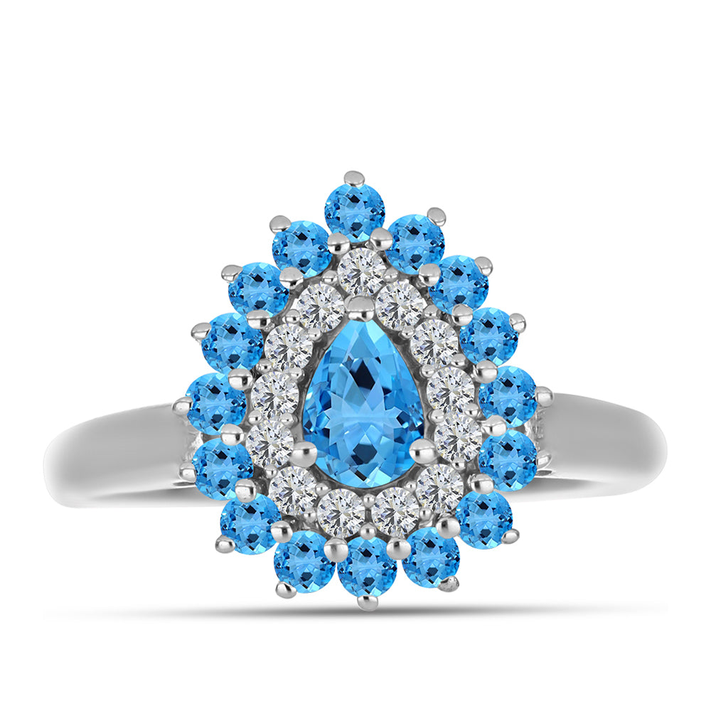 Anillo de Plata con Topacio Azul Suizo y Topacio Blanco