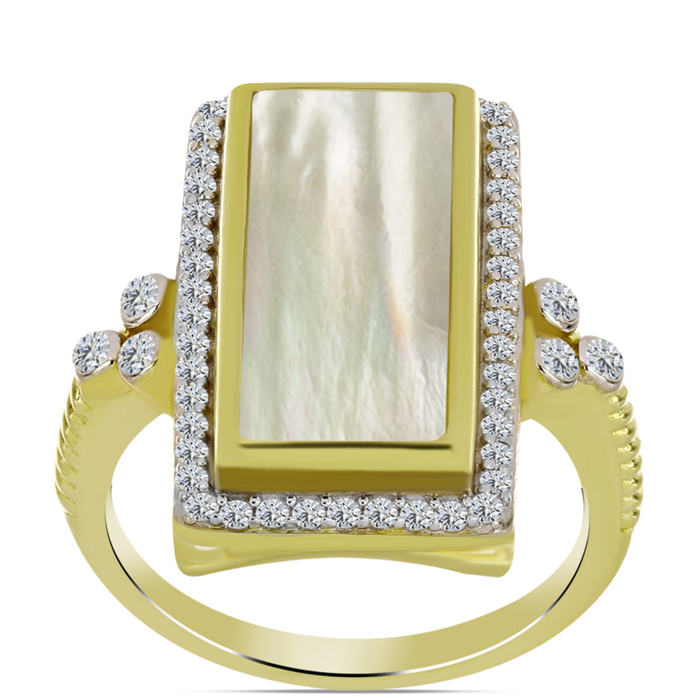 Anillo de Plata Bañada en Oro con Madreperla y Topacio Blanco