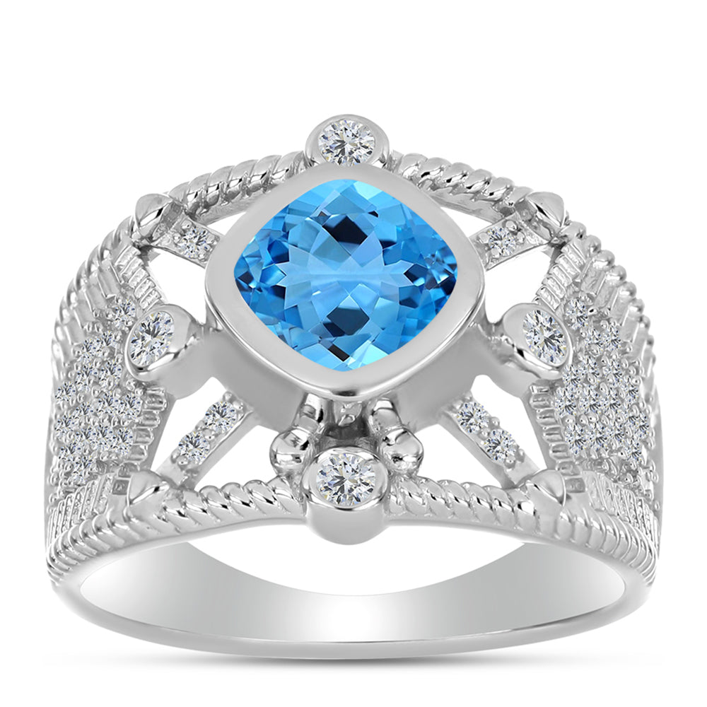 Anillo de Plata con Topacio Azul Suizo y Topacio Blanco