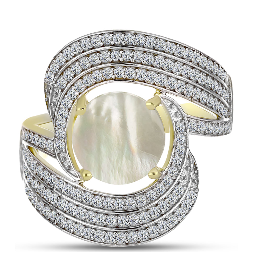 Anillo de Plata Bañada en Oro con Madreperla y Topacio Blanco 1 