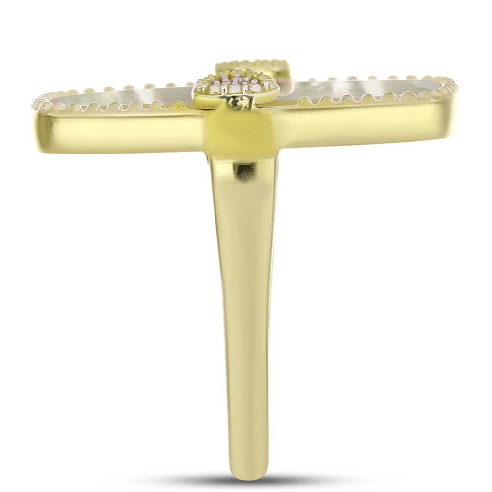 Anillo de Plata Bañada en Oro con Madreperla y Topacio Blanco