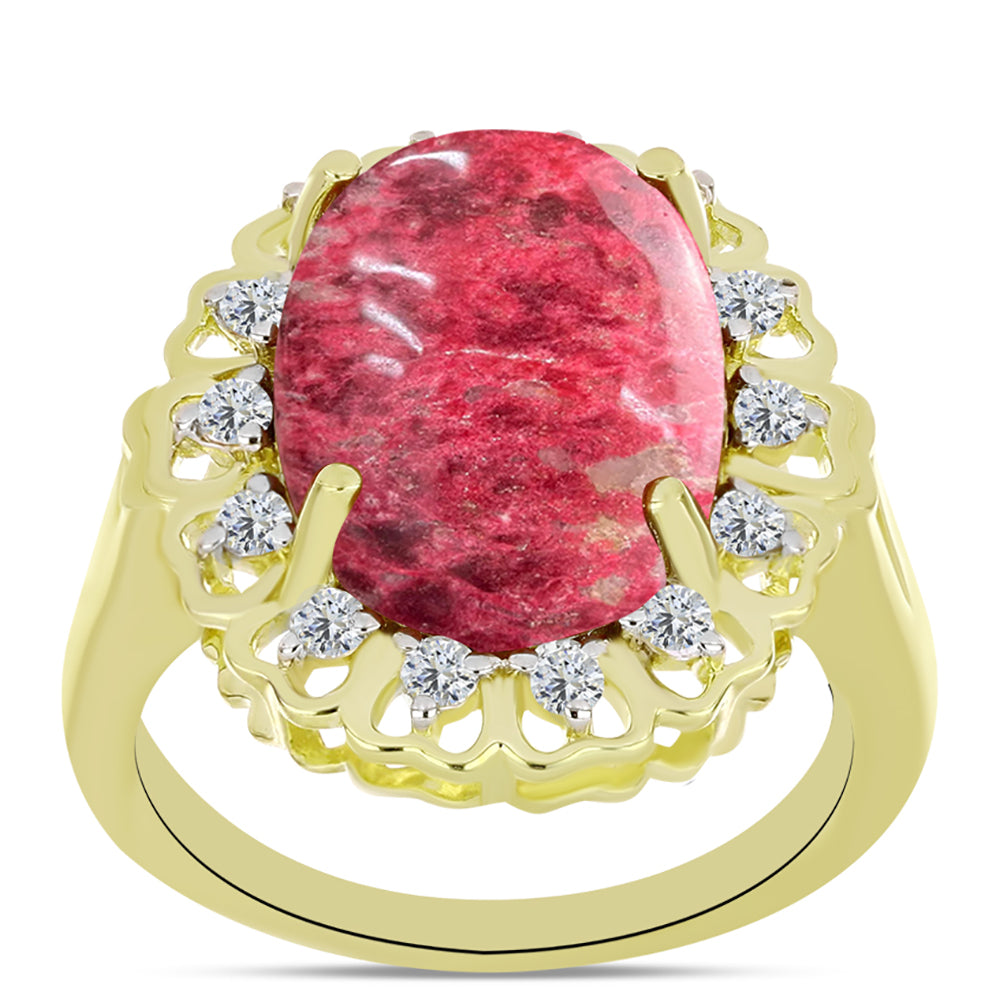 Anillo de Plata Bañada en Oro con Thulita y Topacio Blanco
