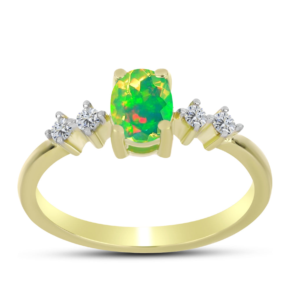 Anillo de Plata Bañada en Oro con Ópalo Verde Etíope de Lega Dembi y Topacio Blanco
