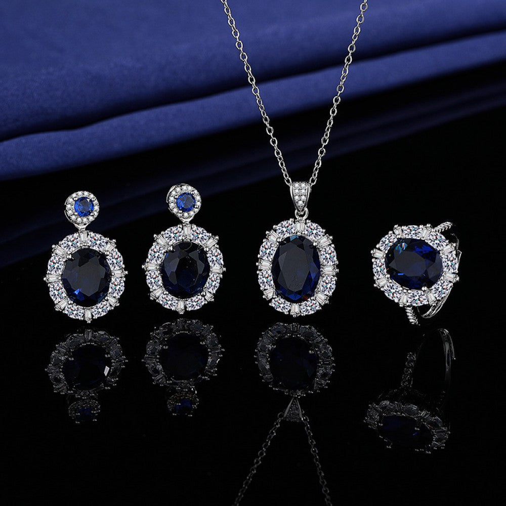 Conjunto de Aleación Bañado en Oro con Cristal Emporia® Azul y Cristal Emporia® Blanco ( Collar +Pendientes +Anillo +Colgante ) 1 