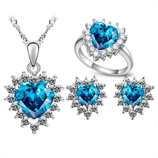 Conjunto de Aleación Bañado en Oro con Cristal Emporia® Azul y Cristal Emporia® Blanco ( Collar +Pendientes +Anillo +Colgante )
