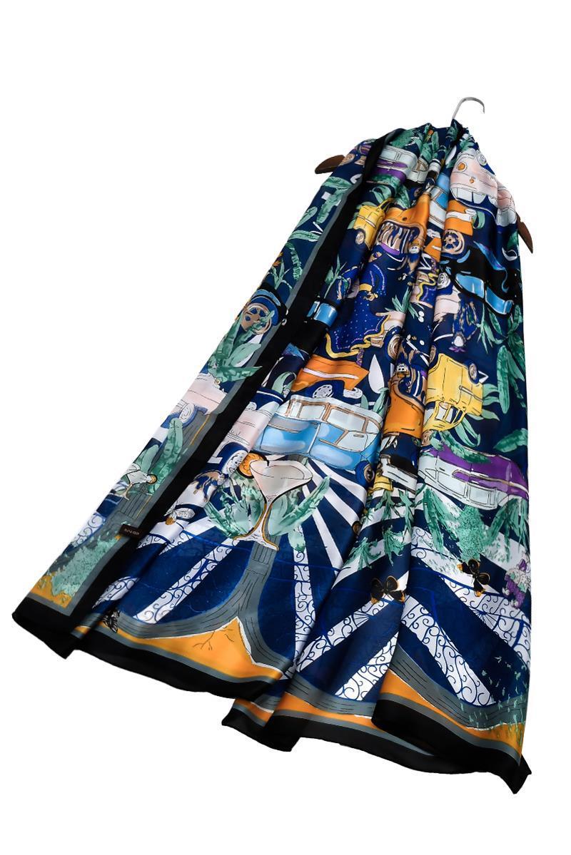 Pañuelo-chal de seda 100% auténtica, 90 cm x 180 cm, estampado de fiesta callejera de carnaval tropical