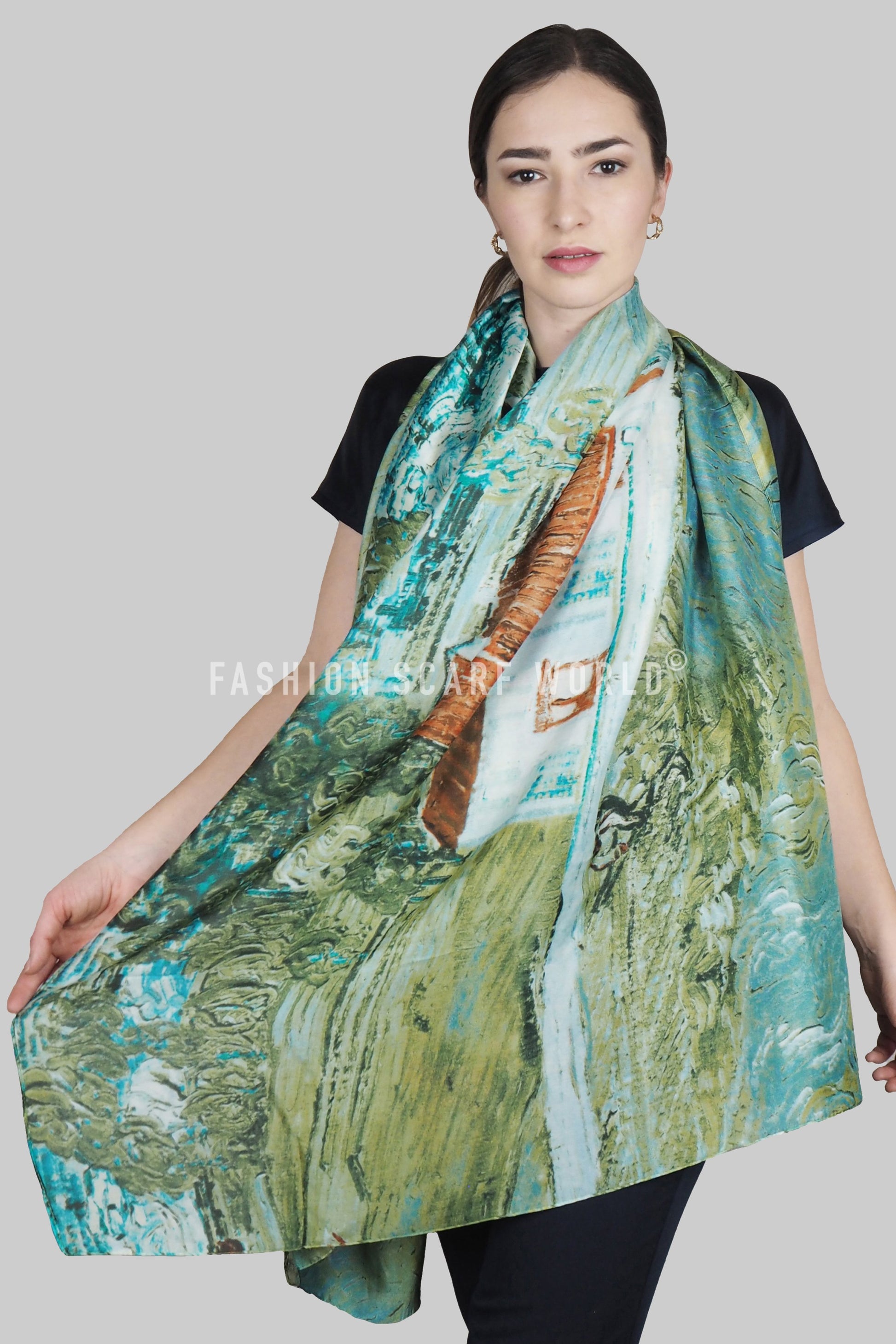 Bufanda de 100% seda auténtica, 90 cm x 180 cm, Verde 4 