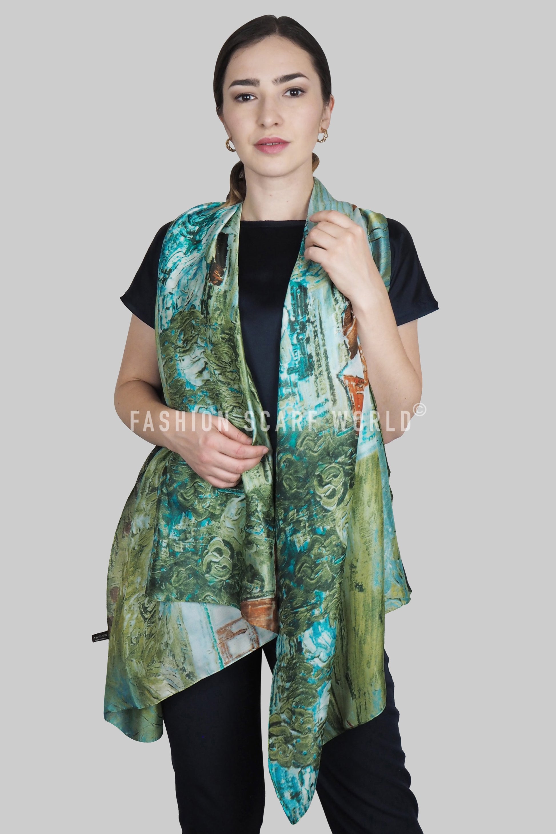 Bufanda de 100% seda auténtica, 90 cm x 180 cm, Verde 5 