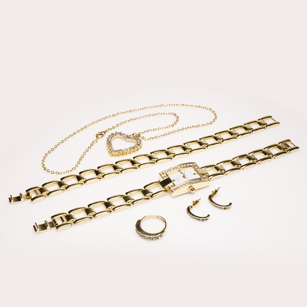Conjunto de Aleación Bañado en Oro con Cristal Emporia® Blanco ( Collar +Pendientes +Pulsera +Anillo +Colgante ) 1 