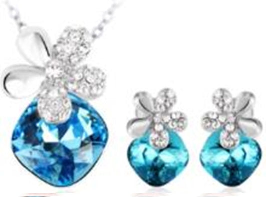 Conjunto de Aleación Bañado en Oro con Cristal Emporia® Azul ( Pendientes +Colgante ) 1 