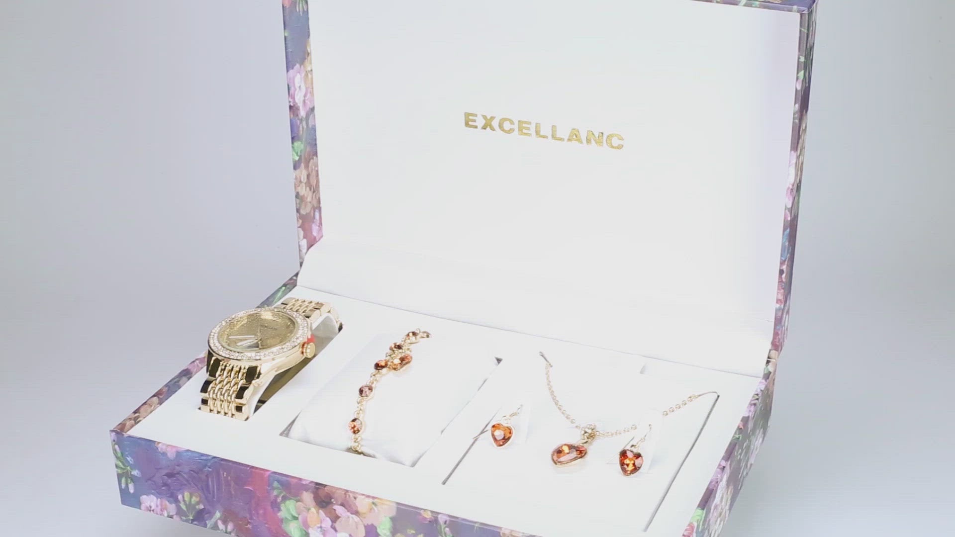Juego de reloj de regalo para mujer Excellanc con pulsera y collar con cristales Emporia dorados en forma de corazón, tono dorado 3 
