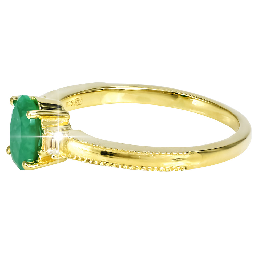 Anillo de Plata Bañada en Oro con Esmeralda de Sakota y Topacio Blanco 3 