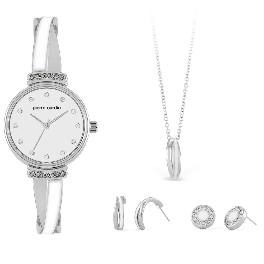 Juego de 4 piezas de reloj Pierre Cardin, 2 pares de pendientes y collar 1 