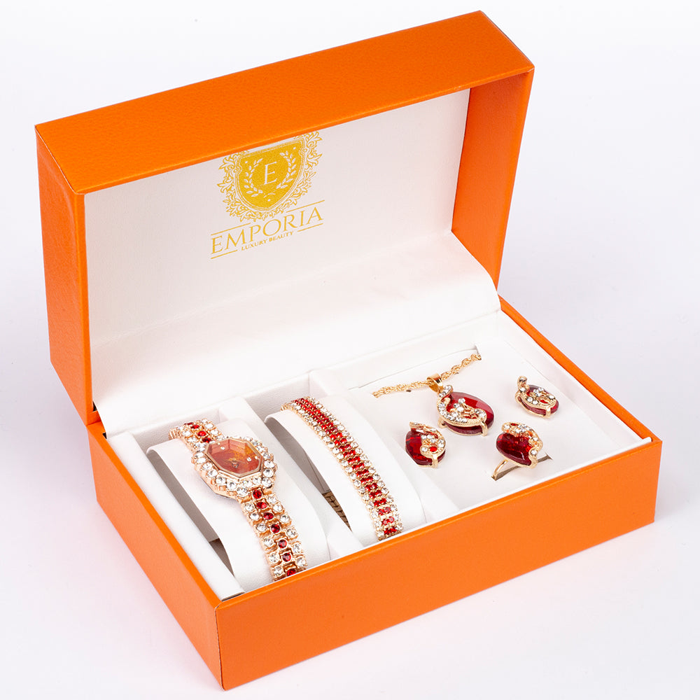 Reloj de Aleación Bañado en Oro con Cristal Emporia® Rojo (Collar +Pendientes +Pulsera +Colgante )