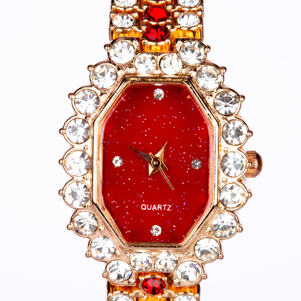 Reloj de Aleación Bañado en Oro con Cristal Emporia® Rojo (Collar +Pendientes +Pulsera +Colgante )