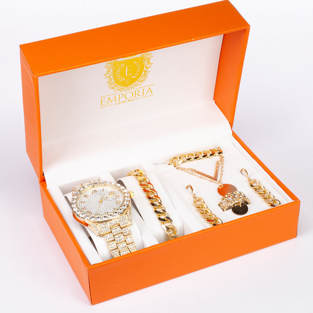 Reloj de Aleación Bañado en Oro con Cristal Emporia® Blanco (Collar +Pendientes +Pulsera +Colgante )