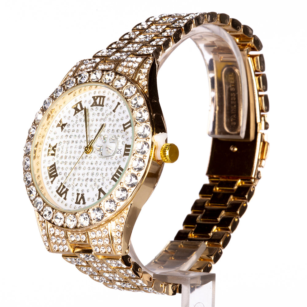 Reloj de Aleación Bañado en Oro con Cristal Emporia® Blanco (Collar +Pendientes +Pulsera +Colgante )