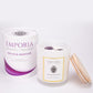 Vela de vidrio orgánico Emporia MALDIVAS - RELAX & MEDITATE, con aroma de amatista, pera inglesa y fresia, 100 % cera de soja, 230 g