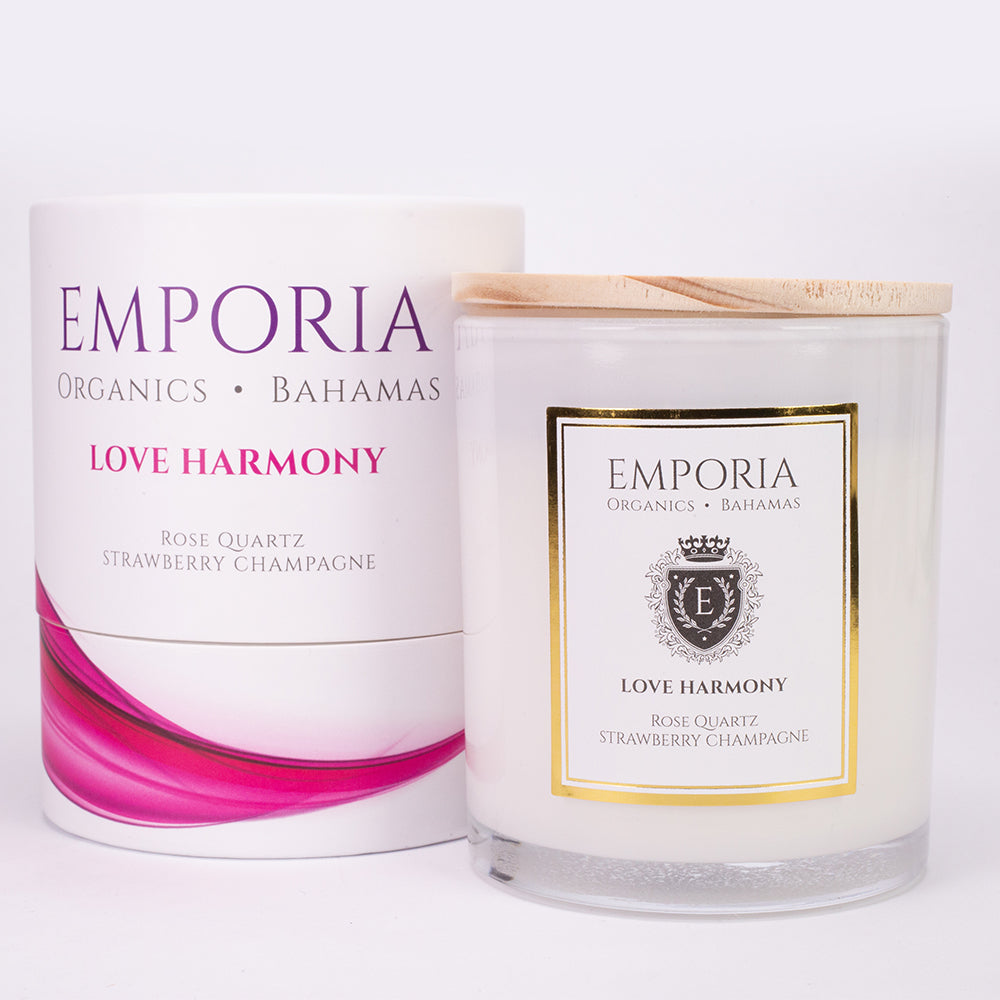 Vela de vidrio orgánico de Emporia BAHAMAS - LOVE HARMONY, con cuarzo rosa, aroma de fresa y champán, 100 % cera de soja, 230 g 3 