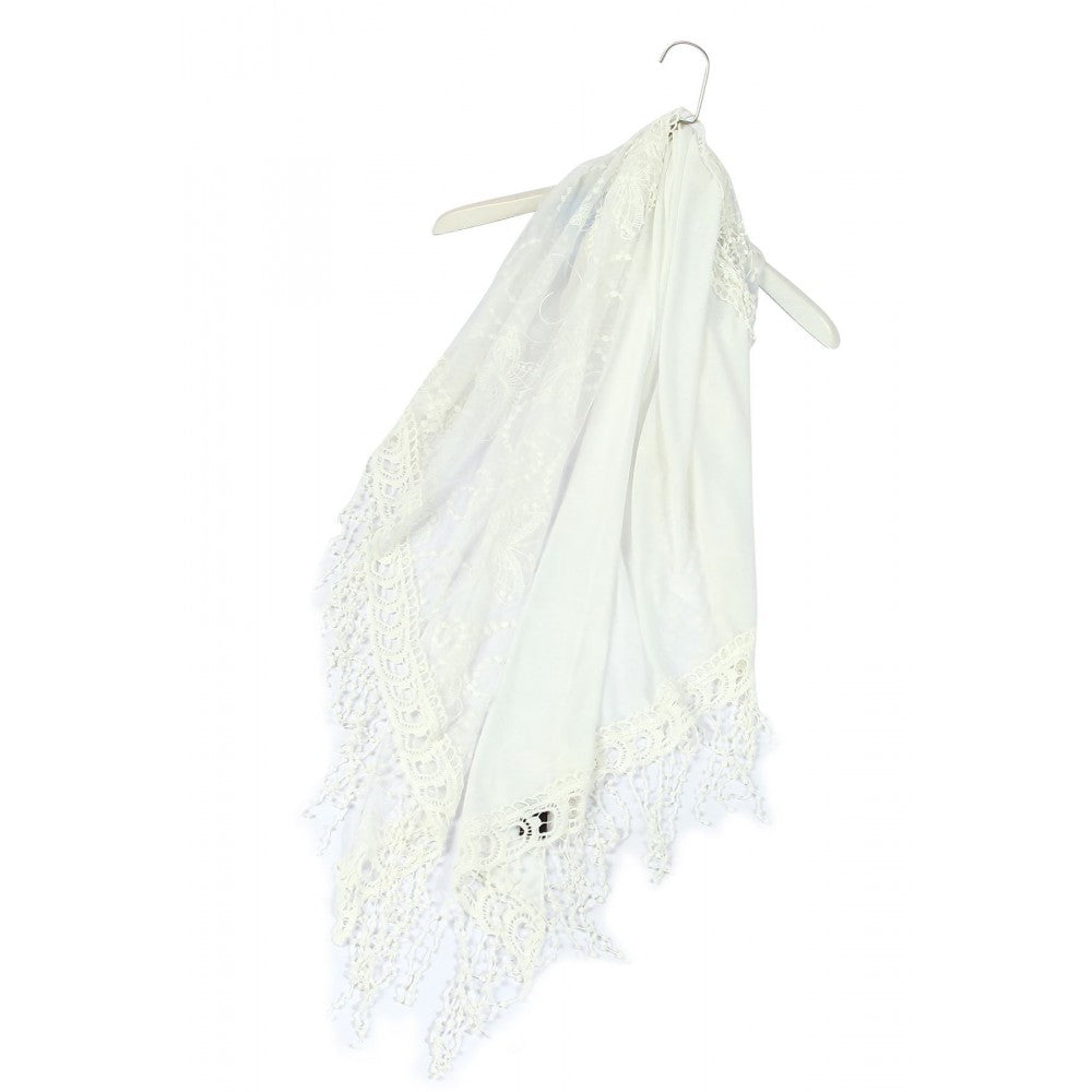 Bufanda-chal trapezoidal de algodón, 80 cm x 198 cm x 70 cm, estampado de encaje de mariposa, blanco 3 