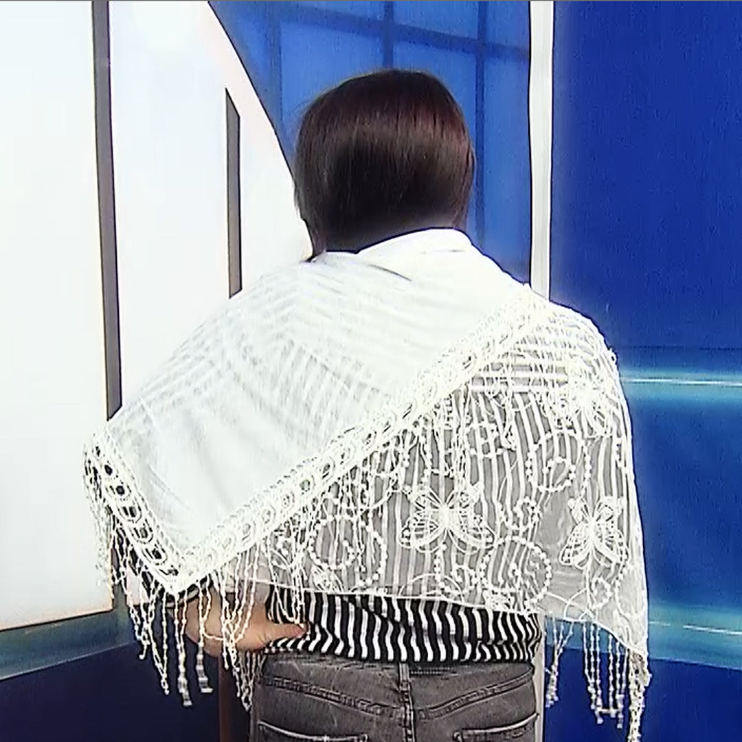 Bufanda-chal trapezoidal de algodón, 80 cm x 198 cm x 70 cm, estampado de encaje de mariposa, blanco 1 