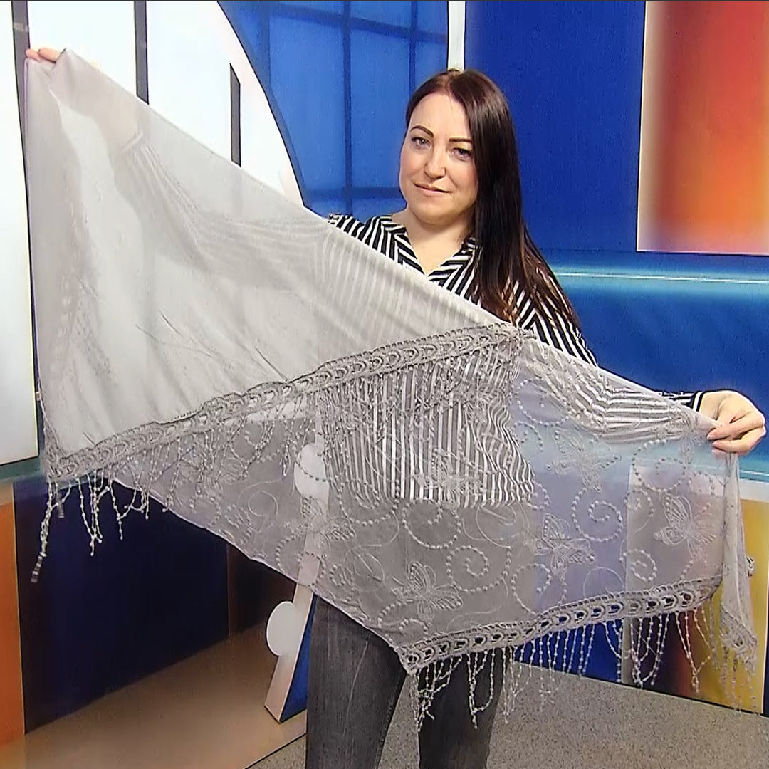 Bufanda-chal trapezoidal de algodón, 80 cm x 198 cm x 70 cm, estampado de encaje de mariposa, gris 2 