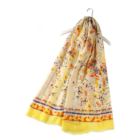 Bufanda-chal amarillo con estampado de flores deshilachadas, estilo folclórico brillante, 90 cm x 180 cm