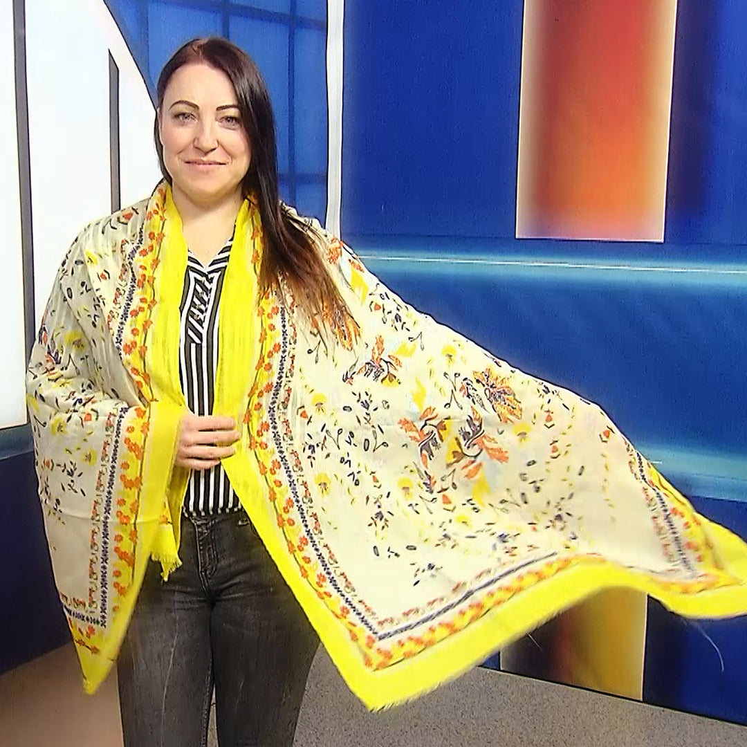 Bufanda-chal amarillo con estampado de flores deshilachadas, estilo folclórico brillante, 90 cm x 180 cm 1 