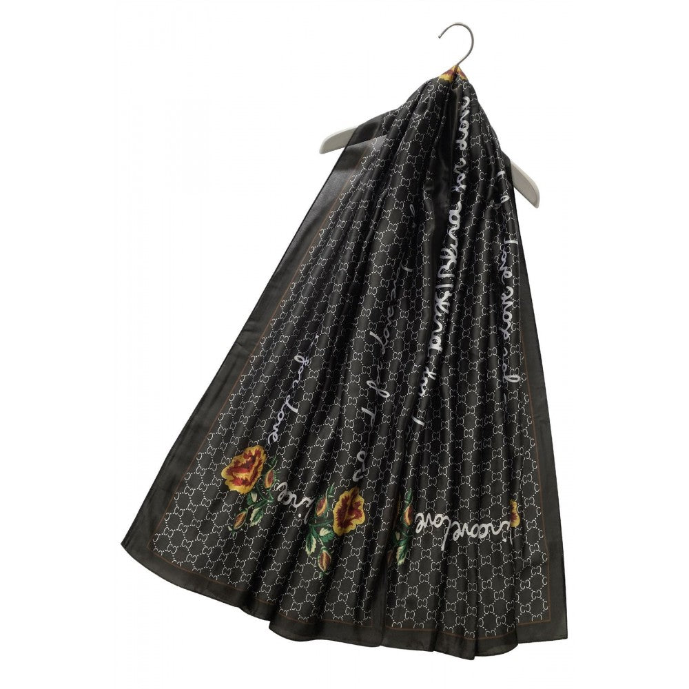 Pañuelo-Chal de seda, 90 cm x 180 cm, perla de diamantes con borde de texto elegante, negro 1 