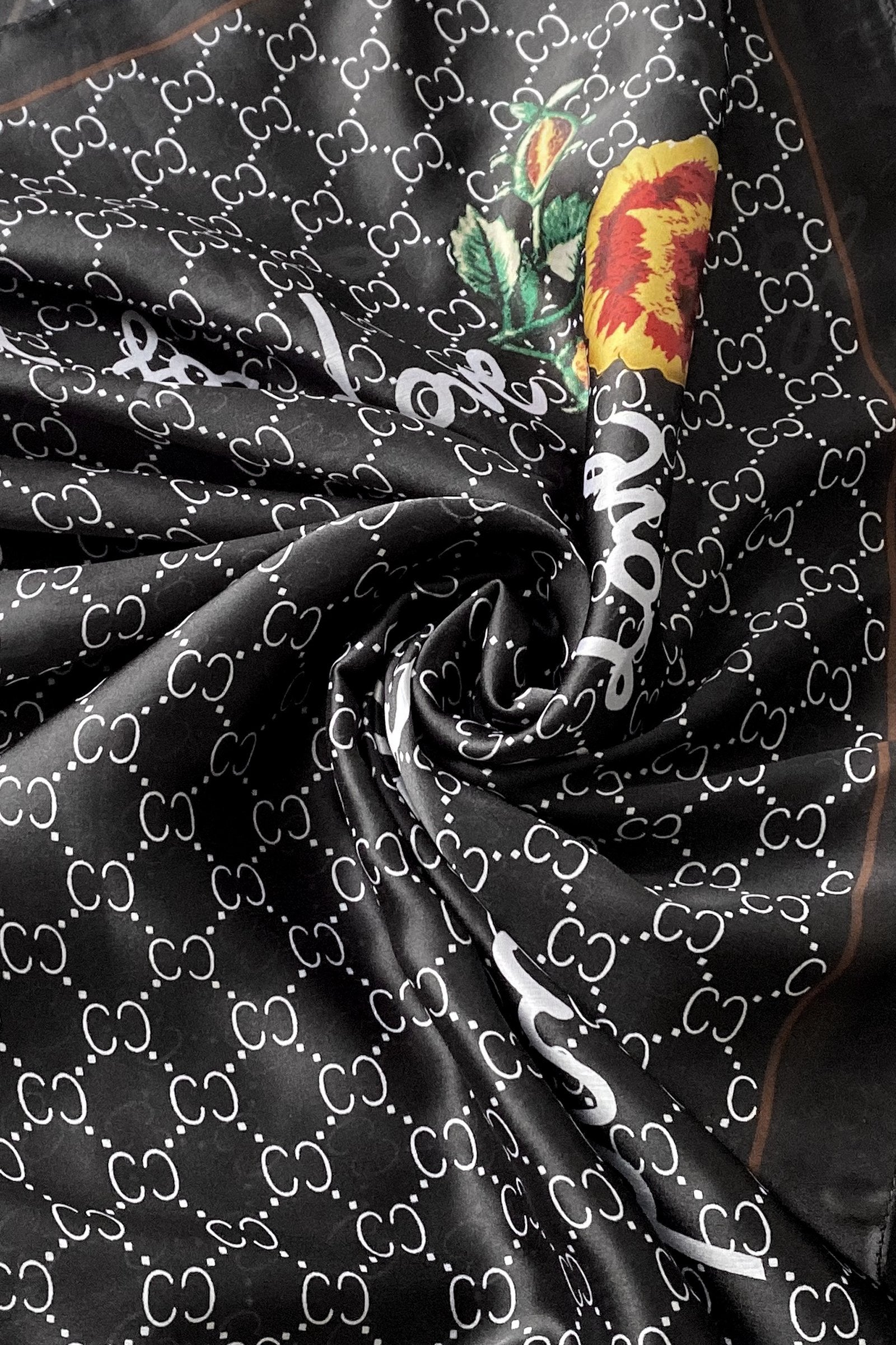 Pañuelo-Chal de seda, 90 cm x 180 cm, perla de diamantes con borde de texto elegante, negro 2 