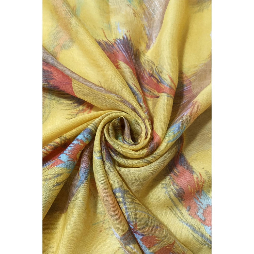 Bufanda-chal amarillo con estampado de plumas flotantes, 90 cm x 180 cm 3 