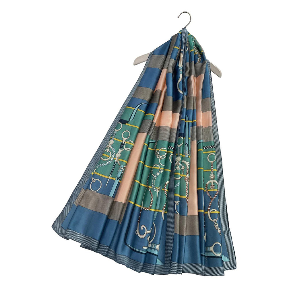 Bufanda de seda con dibujo de cadenas de moda y hebillas azules, 90 x 180 cm 2 