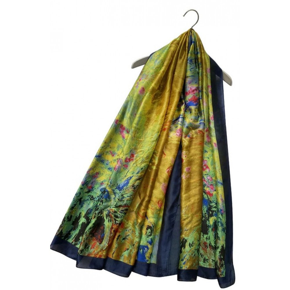 Pañuelo 100% Seda, 90 cm x 180 cm, Klimt Jardín de flores pintado al óleo 1 