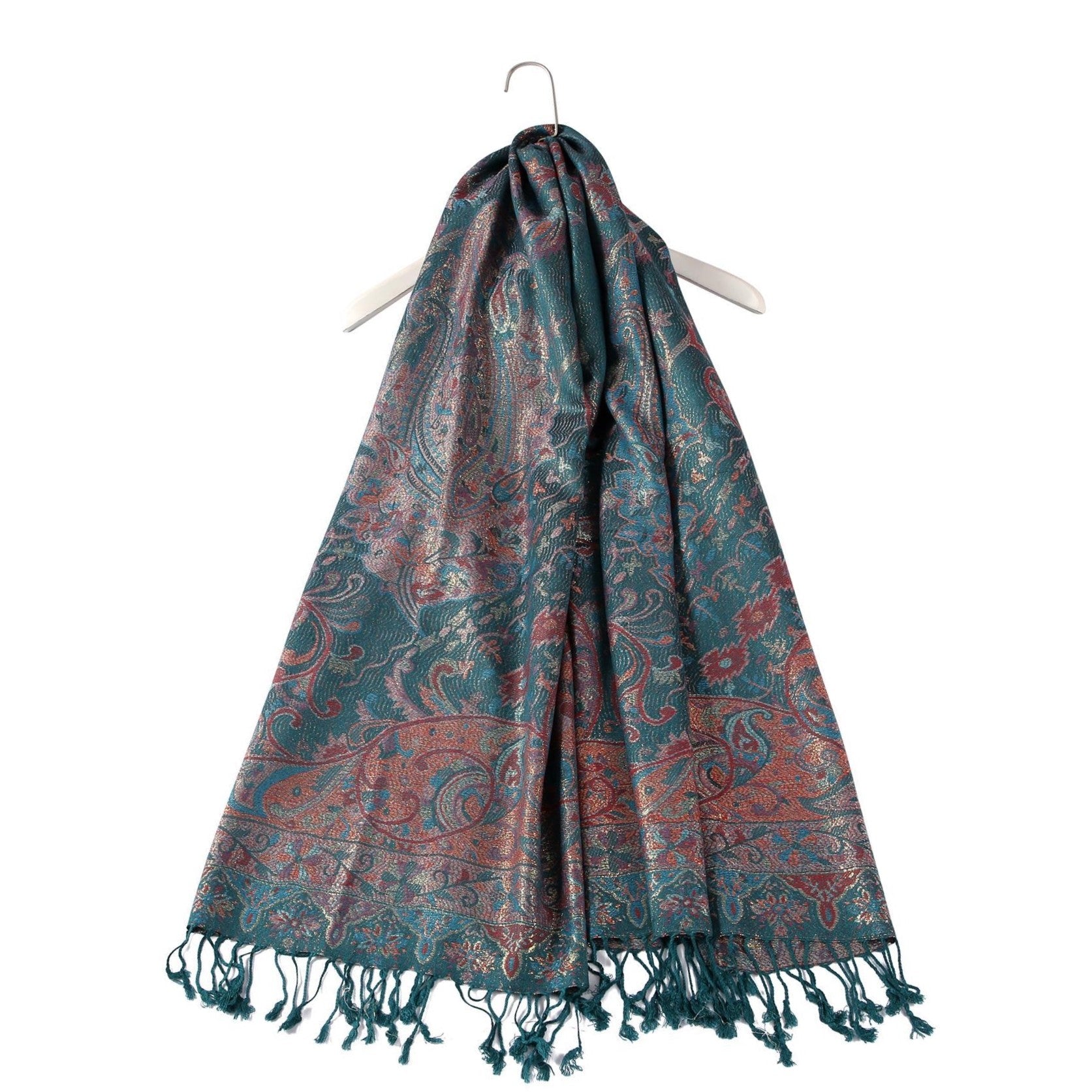 Bufanda de cachemira 100%  Pashmina auténtica, 70 cm x 180 cm, paisley verde azulado, brillante 5 