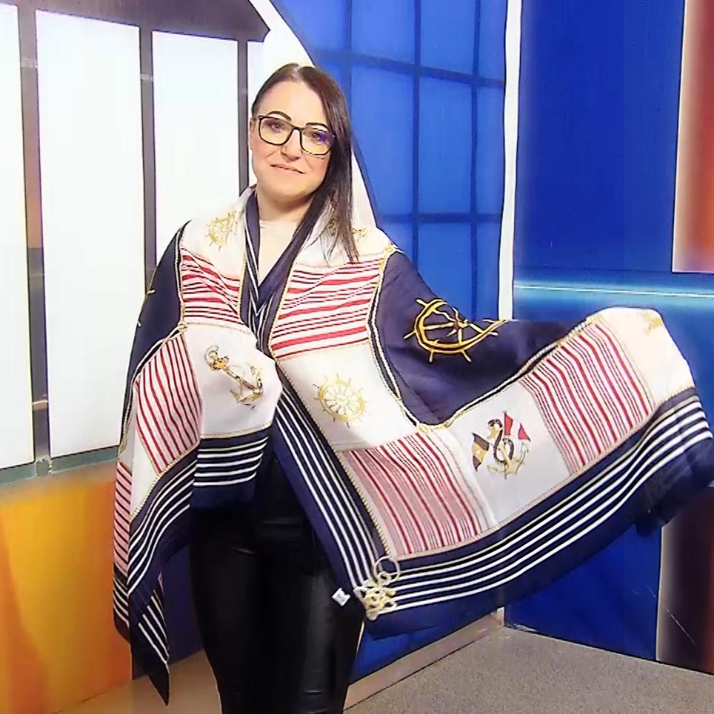 Bufanda de seda, 90 cm x 180 cm, rueda náutica y estampado de ancla 2 