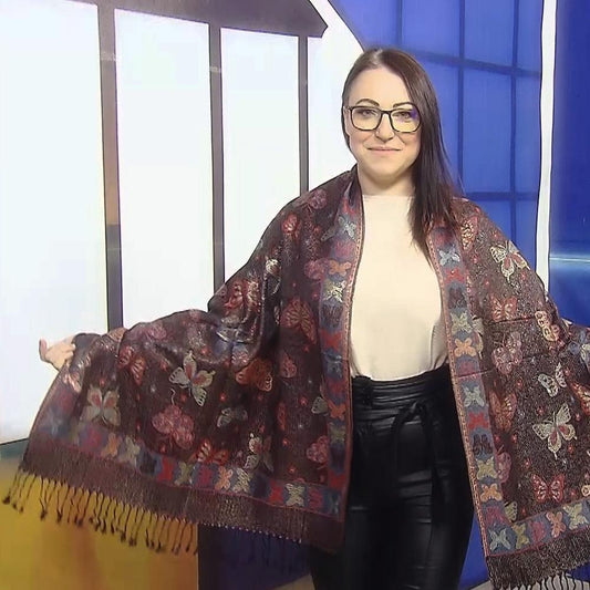 Bufanda de cachemira 100% Pashmina auténtica, 70 cm x 170 cm, estampado de mariposas en negro brillante