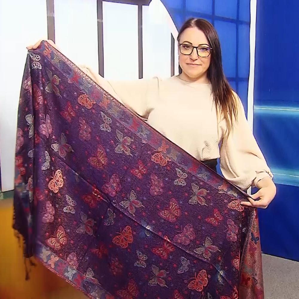 Bufanda de cachemira 100% pashmina auténtica, 70 cm x 170 cm, estampado de mariposas azul marino brillante 3 