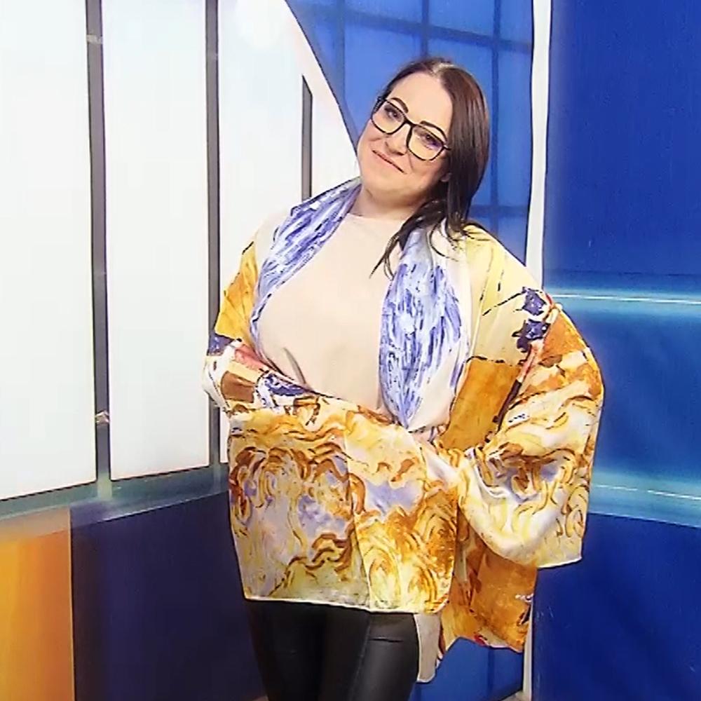 Pañuelo de 100% seda auténtica, 90 cm x 180 cm, estampado de pueblo de estilo impresionista 1 