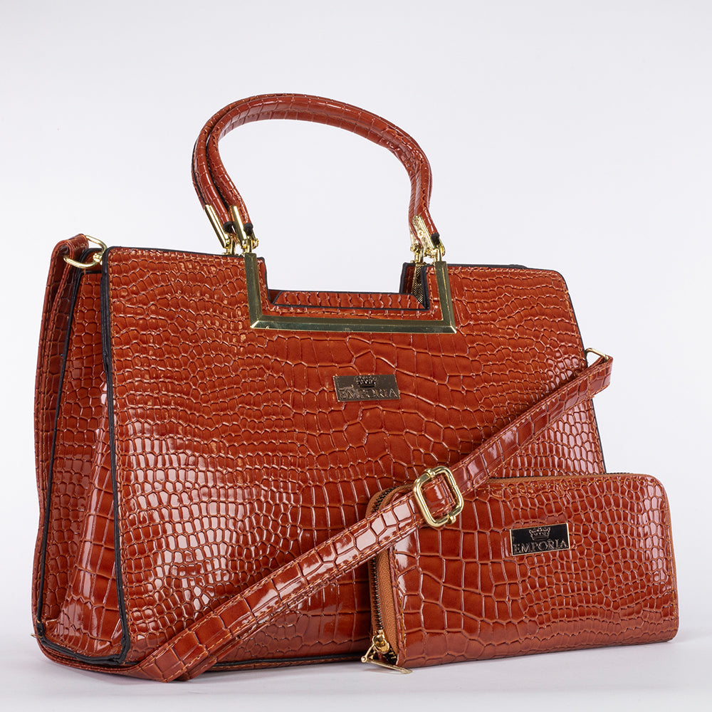 Colección Emporia de invierno 2023 -Genuina, set de 2 piezas de bolsos, color coñac