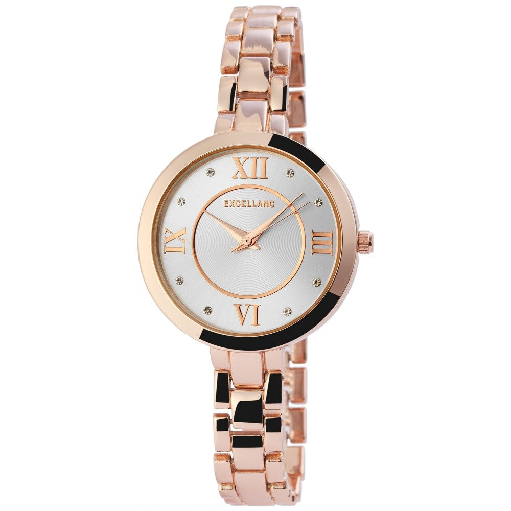 Reloj de pulsera para mujer Excellanc, color oro rosa, estructura de cuarzo japonés, dial de color plata 1 