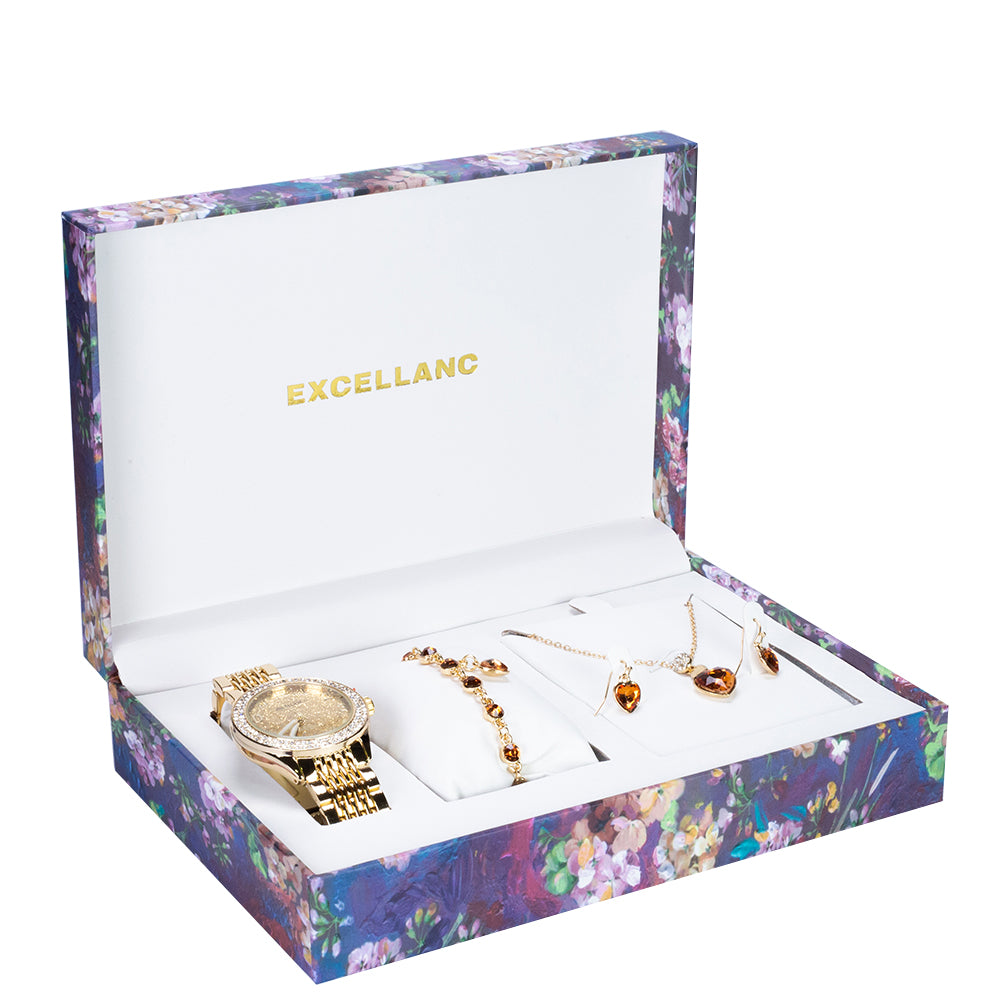 Juego de reloj de regalo para mujer Excellanc con pulsera y collar con cristales Emporia dorados en forma de corazón, tono dorado 2 
