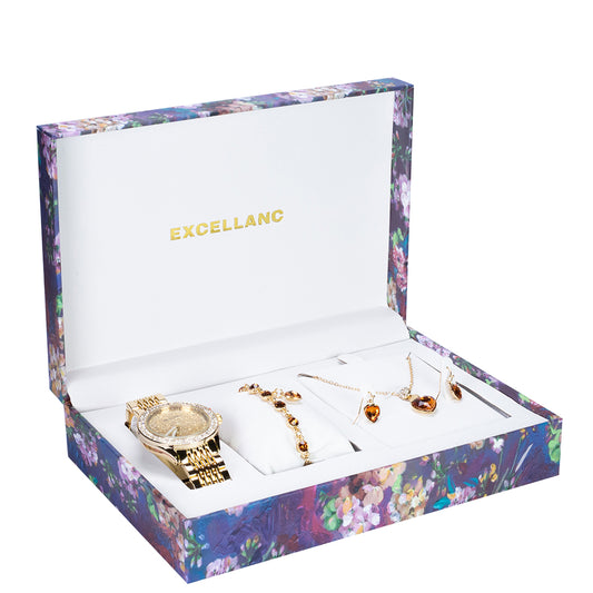 Juego de reloj de regalo para mujer Excellanc con pulsera y collar con cristales Emporia dorados en forma de corazón, tono dorado