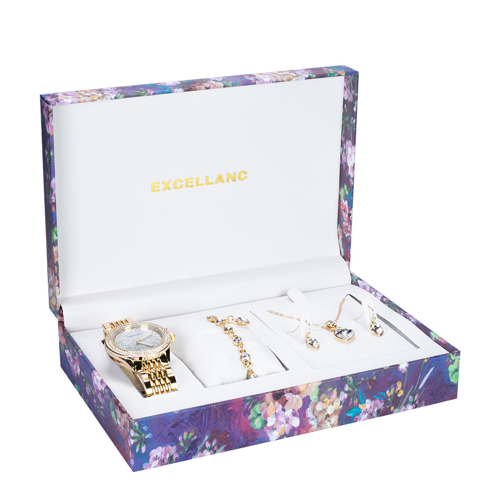 Juego de reloj de regalo para mujer Excellanc con pulsera y collar con cristales Emporia blancos en forma de corazón, tono dorado 2 